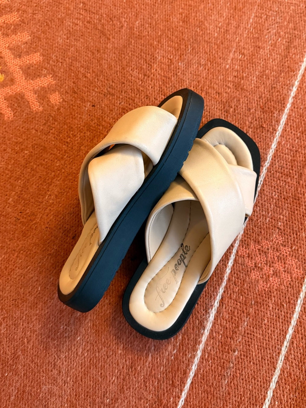 Free People Chunky Cream Cross-Band Slide Sandals with Black Sole